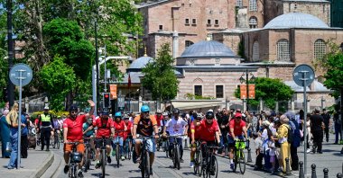 Cyclists ride past Hagia Sophia Grand Mosque during a bicycle tour organized as part of May 19 celebrations, Istanbul, Türkiye, May 19, 2026. (AA Photo)