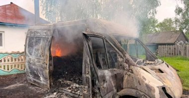 A car is seen on fire after a Russian strike on Chernihiv region, Ukraine, May 18, 2026. (AP Photo)