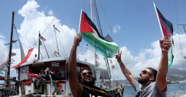 Activists from the Global Sumud Flotilla, aiming to reach Gaza and break Israel’s naval blockade, gather at a port before their departure, Marmaris, Türkiye, May 14, 2026. (Reuters Photo)