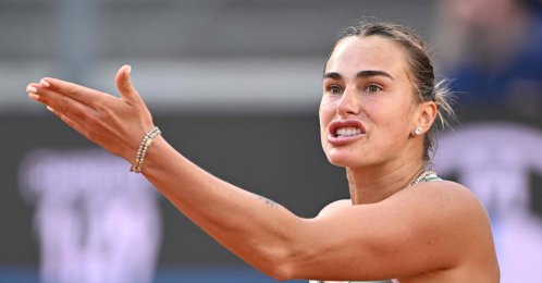 Belarus' Aryna Sabalenka reacts during her match against Romania's Sorana Cirstea during the WTA Rome Open tennis tournament at Foro Italico, Rome, Italy, May 9, 2026. (AFP Photo)