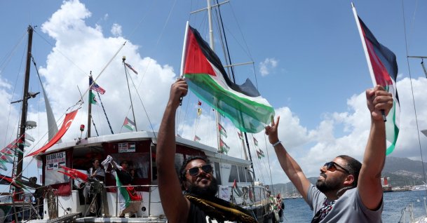Activists from the Global Sumud Flotilla, aiming to reach Gaza and break Israel’s naval blockade, gather at a port before their departure, Marmaris, Türkiye, May 14, 2026. (Reuters Photo)