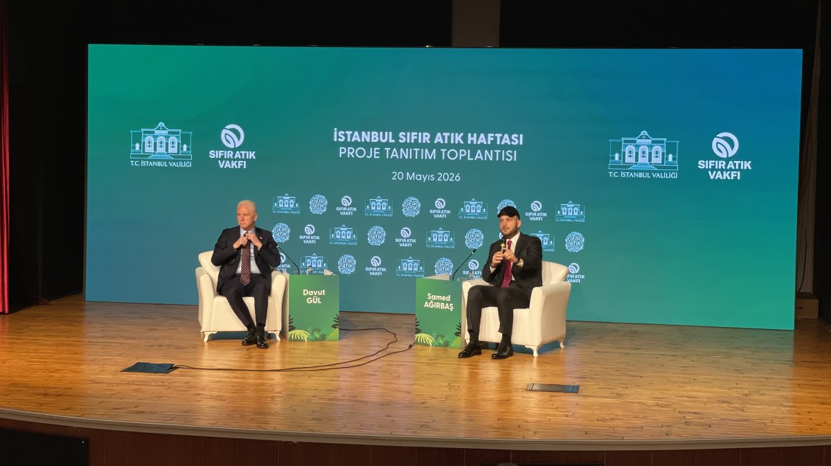 Istanbul Governor Davut Gül (L) and Zero Waste Foundation President Samed Ağırbaş speak during the launch event of Istanbul Zero Waste Week, Istanbul, Türkiye, May 20, 2026. (Photo by Amez Ahmed)