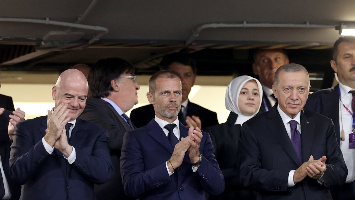 (L-R) FIFA President Giovanni Infantino, UEFA President Aleksander Ceferin and Türkiye President Recep Tayyıp Erdoğan look on before the UEFA Champions League 2022/23 final match between FC Internazionale and Manchester City FC at Atatürk Olympic Stadium, Istanbul, Türkiye, June 10, 2023. (Getty Images Photo)