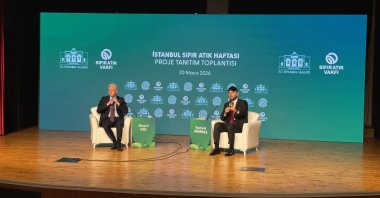 Istanbul Governor Davut Gül (L) and Zero Waste Foundation President Samed Ağırbaş speak during the launch event of Istanbul Zero Waste Week, Istanbul, Türkiye, May 20, 2026. (Photo by Amez Ahmed)