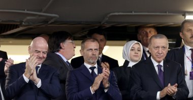 (L-R) FIFA President Giovanni Infantino, UEFA President Aleksander Ceferin and Türkiye President Recep Tayyıp Erdoğan look on before the UEFA Champions League 2022/23 final match between FC Internazionale and Manchester City FC at Atatürk Olympic Stadium, Istanbul, Türkiye, June 10, 2023. (Getty Images Photo)