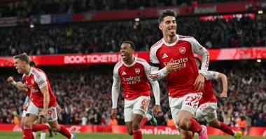 Arsenal's Kai Havertz (R) celebrates scoring the opening goal during the English Premier League football match between Arsenal and Burnley at the Emirates Stadium, London, U.K., May 18, 2026. (AFP Photo)