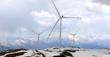 Wind turbines are seen on Kurtik Mountain, Muş province, eastern Türkiye, April 30, 2026.