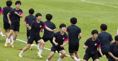 North Korea's Naegohyang women's FC players attend the training session of the team at the stadium in Suwon, South Korea, May 19, 2026. (EPA Photo)