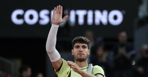 Spain's Carlos Alcaraz gestures after losing against Russia's Andrey Rublev during the 2024 ATP Tour Madrid Open tournament quarter-final tennis match at Caja Magica, Madrid, Spain, May 1, 2024. (AFP Photo)