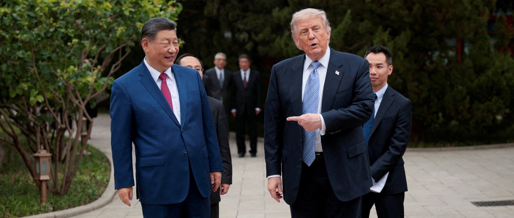U.S. President Donald Trump gestures towards Chinese President Xi Jinping while leaving after a visit to the Zhongnanhai Garden in Beijing, China, May 15, 2026. (Reuters Photo)