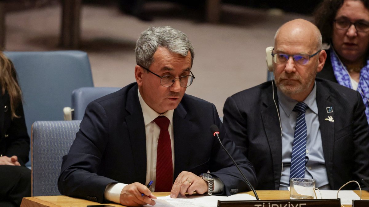 Ahmet Yıldız, permanent representative of Türkiye to the United Nations, addresses the Security Council during a meeting, New York, U.S., Feb. 18, 2026. (Reuters Photo)