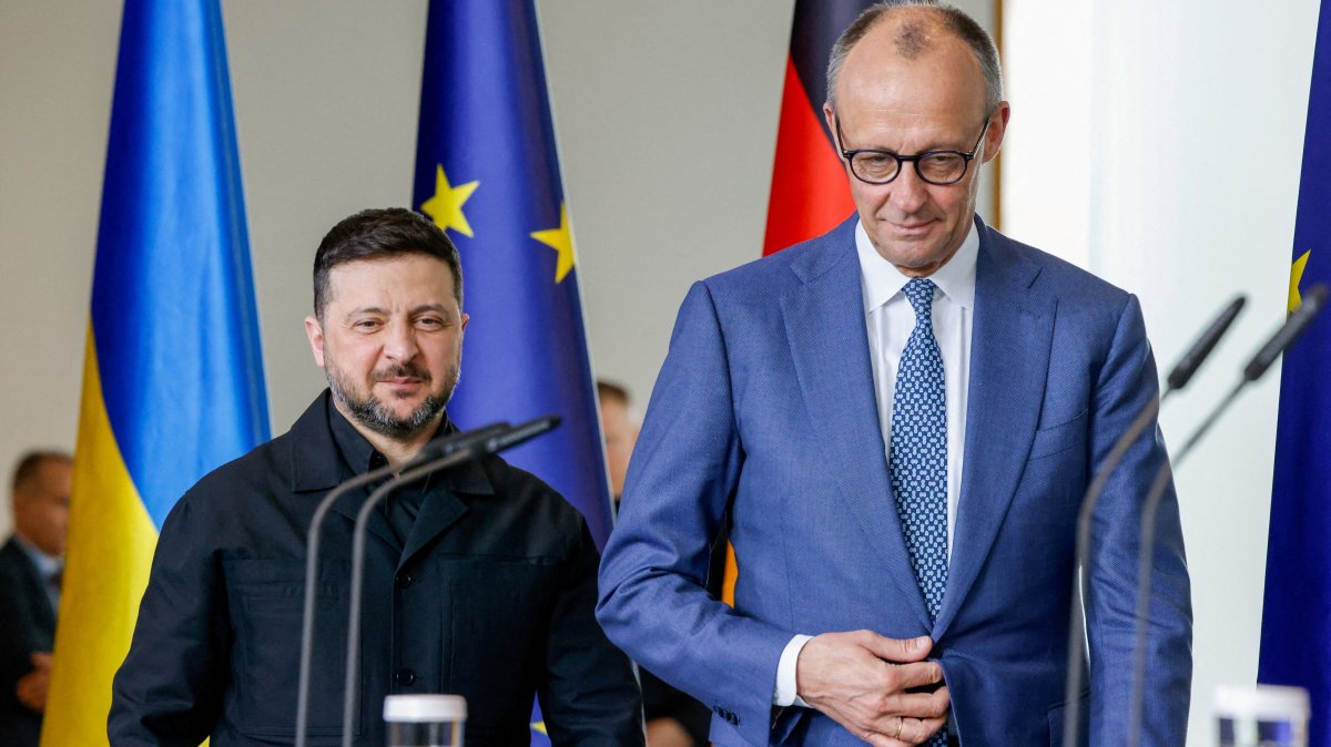 German Chancellor Friedrich Merz and Ukrainian President Volodymyr Zelenskyy before a press meet in Berlin, Germany, April 14, 2026. (Reuters Photo)