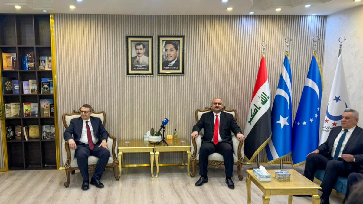 Türkiye’s Ambassador to Baghdad Anıl Bora Inan (L), as part of his visit to Iraq’s city of Kirkuk, met with Iraqi Turkmen Front (ITF) President Muhammed Seman Ağa (R-2), along with vice presidents and members of the political bureau, Kirkuk, Iraq, May 10, 2026. (AA Photo)