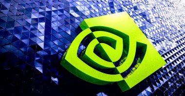The Nvidia logo is seen at the company's annual GTC developers conference at the SAP Center in San Jose, California, U.S., March 16, 2026. (AFP Photo)