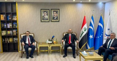 Türkiye’s Ambassador to Baghdad Anıl Bora Inan (L), as part of his visit to Iraq’s city of Kirkuk, met with Iraqi Turkmen Front (ITF) President Muhammed Seman Ağa (R-2), along with vice presidents and members of the political bureau, Kirkuk, Iraq, May 10, 2026. (AA Photo)