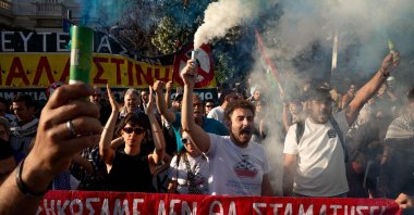 People hold a protest against the recent interception of the Global Solidarity Flotilla by the Israeli Navy near Cyprus outside the Ministry of Foreign Affairs, Athens, Greece, May 18, 2026. (AFP Photo)