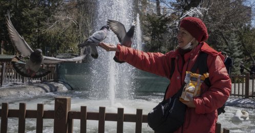 A visitor feeds pigeons in a park on a sunny day, Ankara, Türkiye, March 31, 2023. (Getty Images Photo)