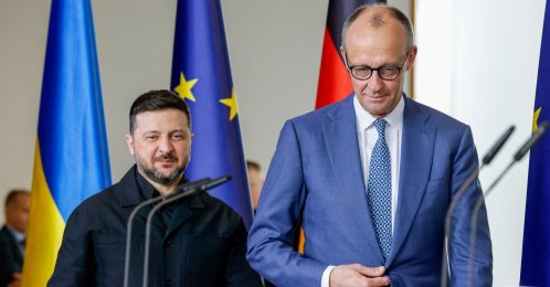 German Chancellor Friedrich Merz and Ukrainian President Volodymyr Zelenskyy before a press meet in Berlin, Germany, April 14, 2026. (Reuters Photo)