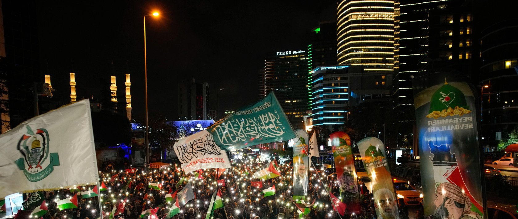 People gather in front of the Israeli Consulate during a protest against the interception of the Gaza-bound Sumud flotilla by Israeli navy forces, Istanbul, Türkiye, Oct. 2, 2025. (AP Photo)