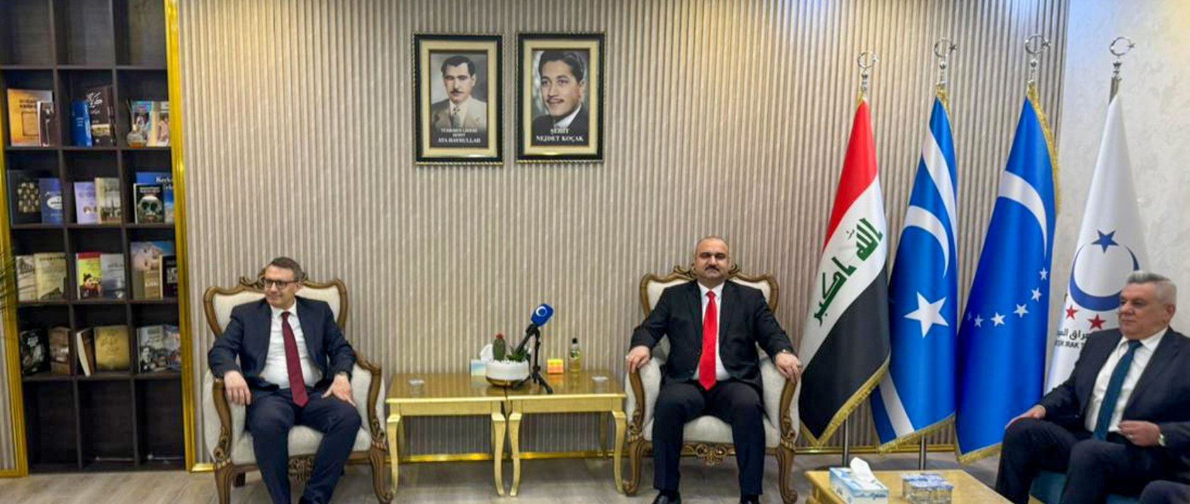 Türkiye’s Ambassador to Baghdad Anıl Bora Inan (L), as part of his visit to Iraq’s city of Kirkuk, met with Iraqi Turkmen Front (ITF) President Muhammed Seman Ağa (R-2), along with vice presidents and members of the political bureau, Kirkuk, Iraq, May 10, 2026. (AA Photo)
