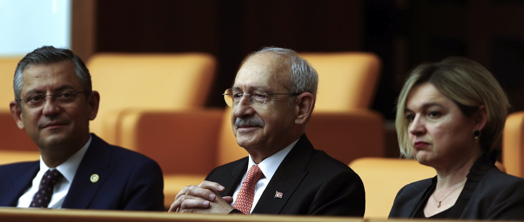 Kemal Kılıçdaroğlu (C) sits next to Özgür Özel (L) at a parliamentary session, Ankara, Türkiye, June 2, 2023. (AP Photo)