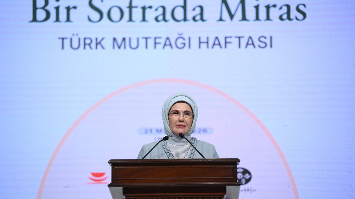 First lady Emine Erdoğan delivers a speech during the “Heritage Table” event held as part of Turkish Cuisine Week, Istanbul, Türkiye, May 21, 2026. (AA Photo)