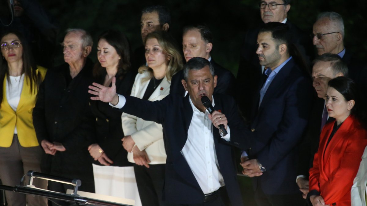Suspended Republican People's Party (CHP) Chair Özgür Özel (C) addresses supporters outside the CHP headquarters from atop a bus, Ankara, Türkiye, May 21, 2026. (EPA Photo)