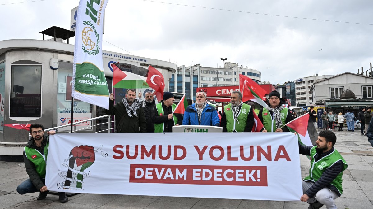 The Humanitarian Relief Foundation (IHH) holds a protest against Israel's attack on the Global Sumud Flotilla, Istanbul, Türkiye, May 3, 2026. (AA Photo) 