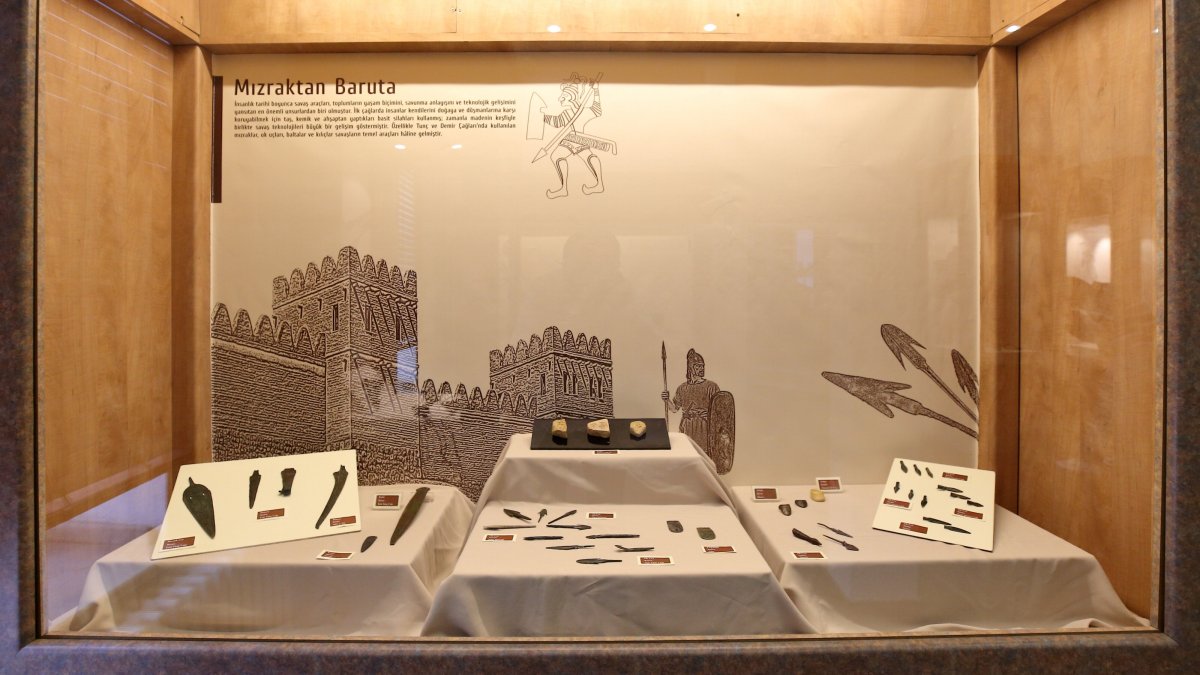 Bronze Age spearheads, stone axes and Ottoman-era firearms are displayed during the "From Spear to Gunpowder" exhibition at Çorum Museum, May 22, 2026. (AA Photo)