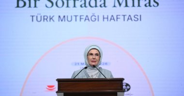 First lady Emine Erdoğan delivers a speech during the “Heritage Table” event held as part of Turkish Cuisine Week, Istanbul, Türkiye, May 21, 2026. (AA Photo)
