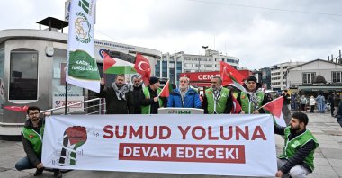 The Humanitarian Relief Foundation (IHH) holds a protest against Israel's attack on the Global Sumud Flotilla, Istanbul, Türkiye, May 3, 2026. (AA Photo) 