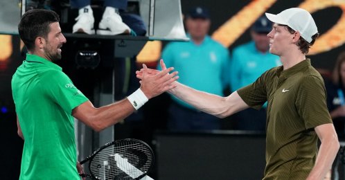 Novak Djokovic (L) is congratulated by Jannik Sinner following their semifinal match at the Australian Open tennis championship, Melbourne, Australia, Jan. 31, 2026. (AP Photo)