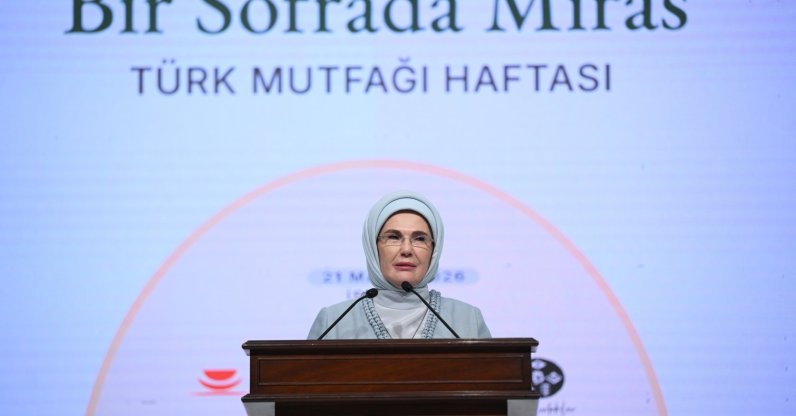 First lady Emine Erdoğan delivers a speech during the “Heritage Table” event held as part of Turkish Cuisine Week, Istanbul, Türkiye, May 21, 2026. (AA Photo)