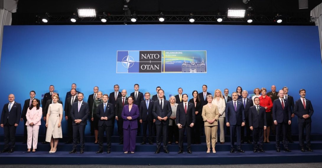 Foreign Minister Hakan Fidan joins fellow ministers for the family photo ahead of the NATO foreign ministers meeting, Helsingborg, Sweden, May 22, 2026. (AA Photo)