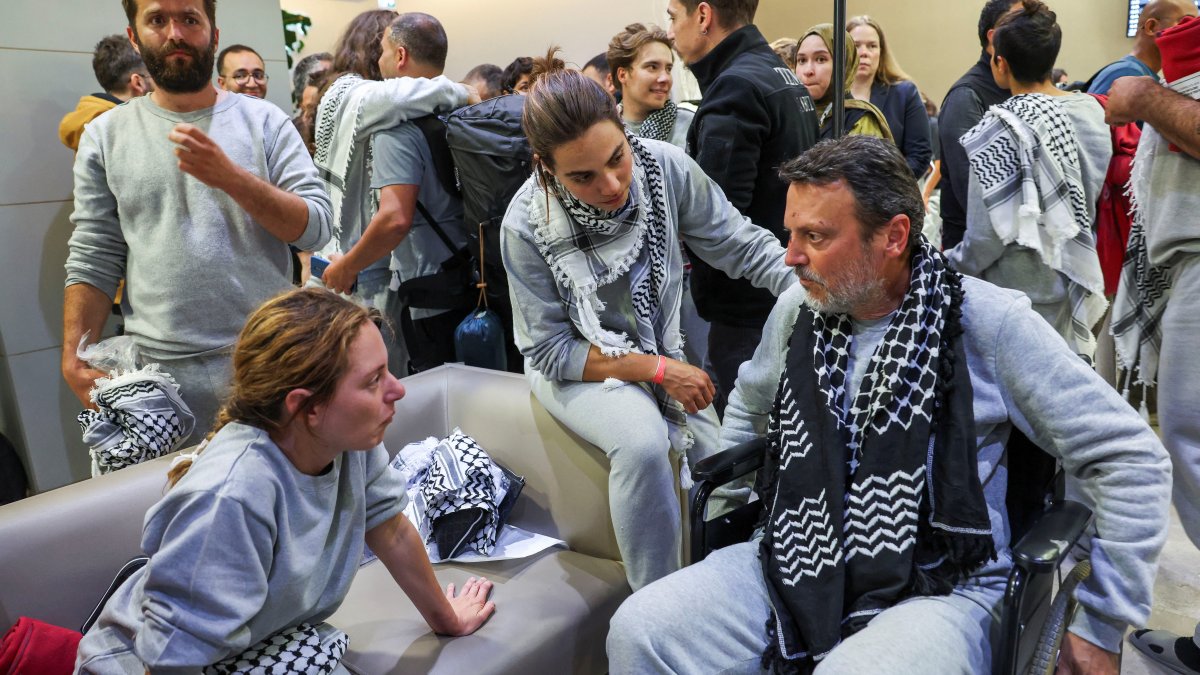 Greek activists from the Gaza-bound Global Sumud Flotilla, detained by Israeli forces after their vessels were intercepted in international waters in the Mediterranean, speak upon arrival at Istanbul Airport, in Istanbul, Türkiye, May 21, 2026. (Reuters Photo)