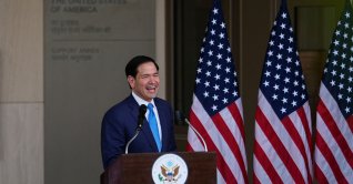 US Secretary of State Marco Rubio addresses a dedication ceremony for an annex building at the U.S. embassy in New Delhi, India, May 23, 2026. (AFP Photo)