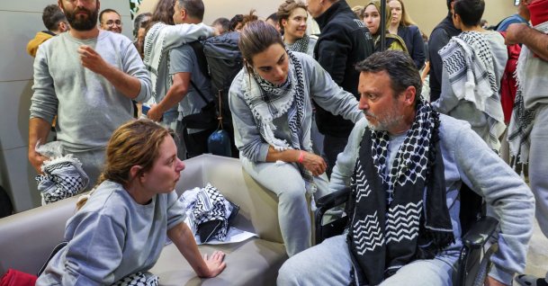 Greek activists from the Gaza-bound Global Sumud Flotilla, detained by Israeli forces after their vessels were intercepted in international waters in the Mediterranean, speak upon arrival at Istanbul Airport, in Istanbul, Türkiye, May 21, 2026. (Reuters Photo)