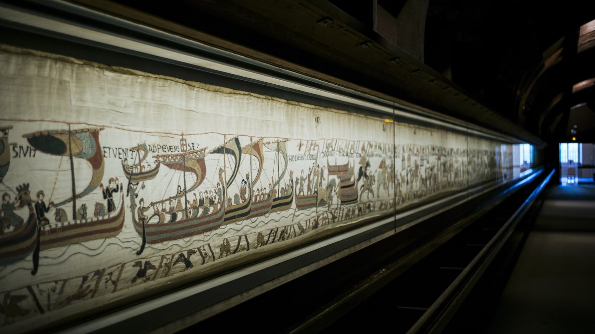 The 11th century Bayeux tapestry chronicling the Norman conquest of England, in Bayeux, Normandy, France, Sept. 18, 2019. (AP Photo)