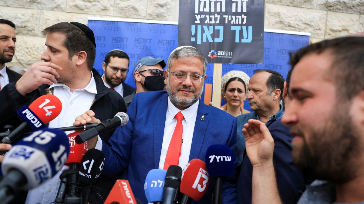 Israeli National Security Minister Itamar Ben-Gvir speaks to members of the media on the day the Supreme Court hears a petition seeking to force Prime Minister Benjamin Netanyahu to remove him, in Jerusalem, April 15, 2026. (Reuters Photo)