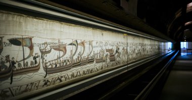 The 11th century Bayeux tapestry chronicling the Norman conquest of England, in Bayeux, Normandy, France, Sept. 18, 2019. (AP Photo)