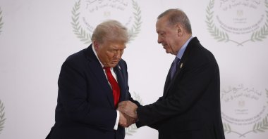 President Recep Tayyip Erdoğan and U.S. President Donald Trump shake hands during a meeting, Sharm El-Sheikh, Egypt, Oct. 13, 2025. (EPA Photo)