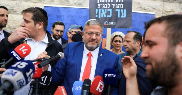 Israeli National Security Minister Itamar Ben-Gvir speaks to members of the media on the day the Supreme Court hears a petition seeking to force Prime Minister Benjamin Netanyahu to remove him, in Jerusalem, April 15, 2026. (Reuters Photo)