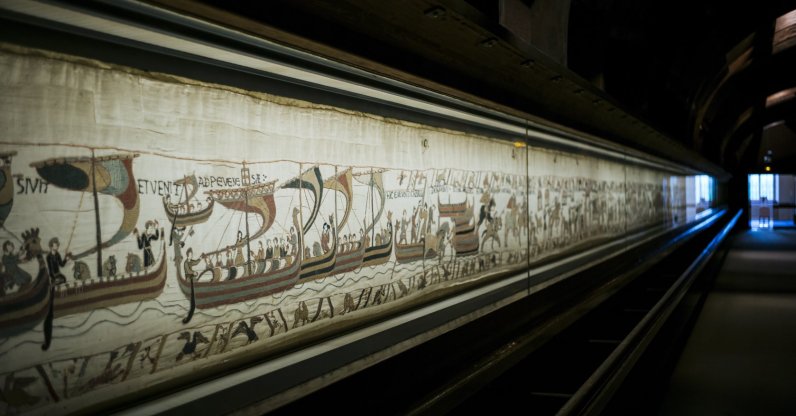 The 11th century Bayeux tapestry chronicling the Norman conquest of England, in Bayeux, Normandy, France, Sept. 18, 2019. (AP Photo)