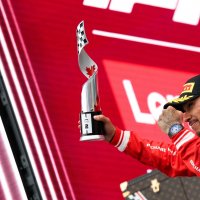 Second-placed Lewis Hamilton of Great Britain and Scuderia Ferrari on the podium with his trophy during the F1 Grand Prix of Canada at Circuit Gilles-Villeneuve, Montreal, Canada, May 24, 2026. (AA Photo)
