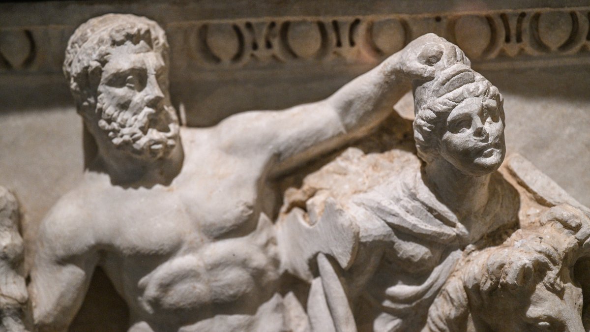 Statues on a sarcophagus at the Kayseri Archaeology Museum in Kayseri, central Türkiye, May 21, 2026. (AA Photo)