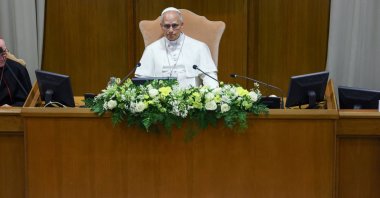 Pope Leo XIV attends the presentation of "Magnifica humanitas," his first encyclical, focused on the rise of artificial intelligence, at the Vatican's Aula Nuova del Sinodo, May 25, 2026. (Reuters Photo)