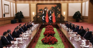 Chinese President Xi Jinping (6th L) and Pakistan's Prime Minister Shehbaz Sharif (4th R) attend a meeting at the Great Hall of the People, Beijing, China, May 25, 2026. (EPA Photo)