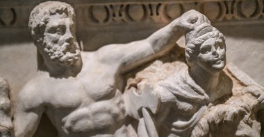 Statues on a sarcophagus at the Kayseri Archaeology Museum in Kayseri, central Türkiye, May 21, 2026. (AA Photo)