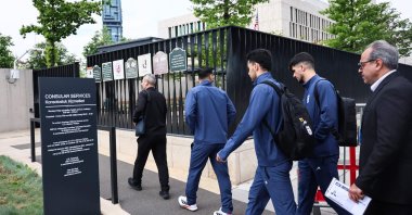 Three Iranian national football team players and members of their delegation arrive at the U.S. Embassy in Ankara for their visa application ahead of the 2026 FIFA World Cup, May 21, 2026. (AFP Photo)