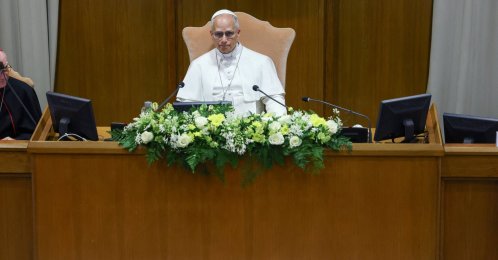 Pope Leo XIV attends the presentation of "Magnifica humanitas," his first encyclical, focused on the rise of artificial intelligence, at the Vatican's Aula Nuova del Sinodo, May 25, 2026. (Reuters Photo)